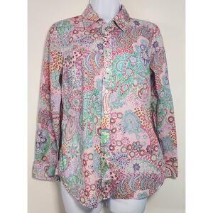 Talbots Paisley Floral Button Up Shirt Pink Green Cotton Boho Preppy S